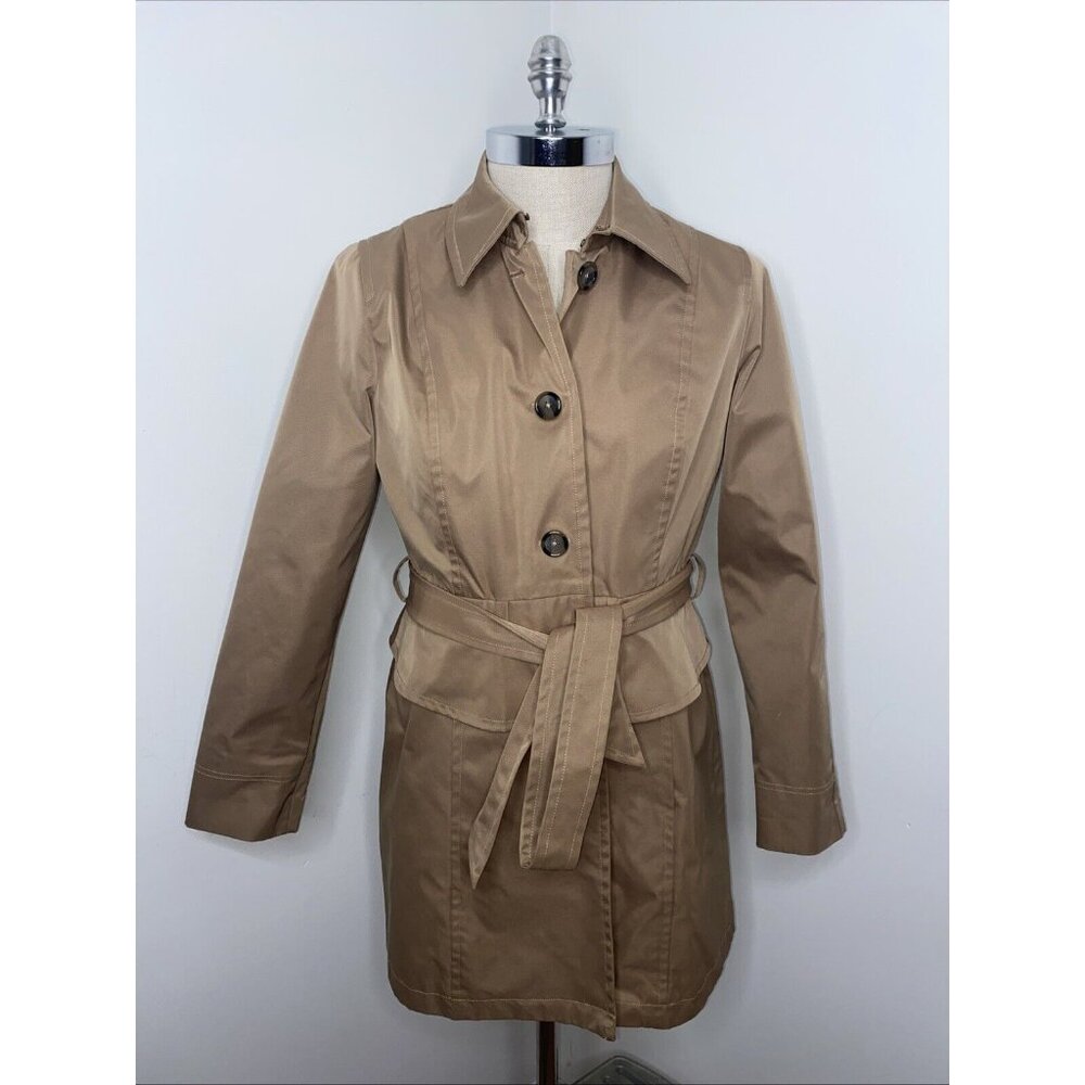 Plenty by Tracy Reese Women’s Peplum Tan Trench Coat Jacket Belt Tie SZ L